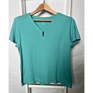 Anne Klein Knit Top Womens US L Turqouise Green V-Neck Short Sleeve Gold Detail